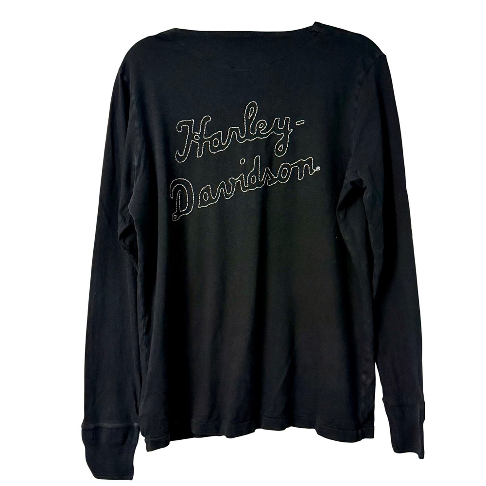 Harley-Davidson Mens Black Long Sleeve Henley Shirt Embroidered Back Logo S/M